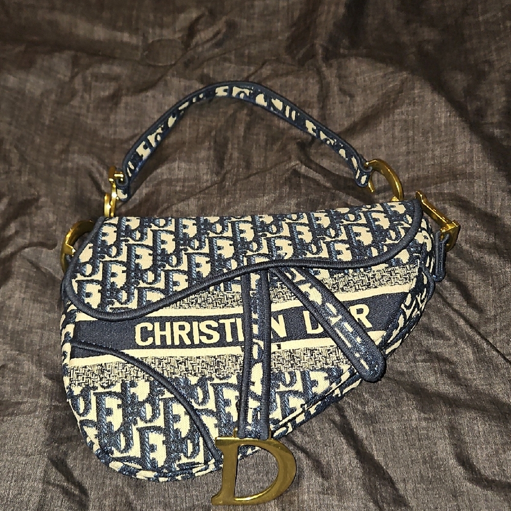 Dior Oblique Canvas Saddle Shoulder Bag in Navy and Cream